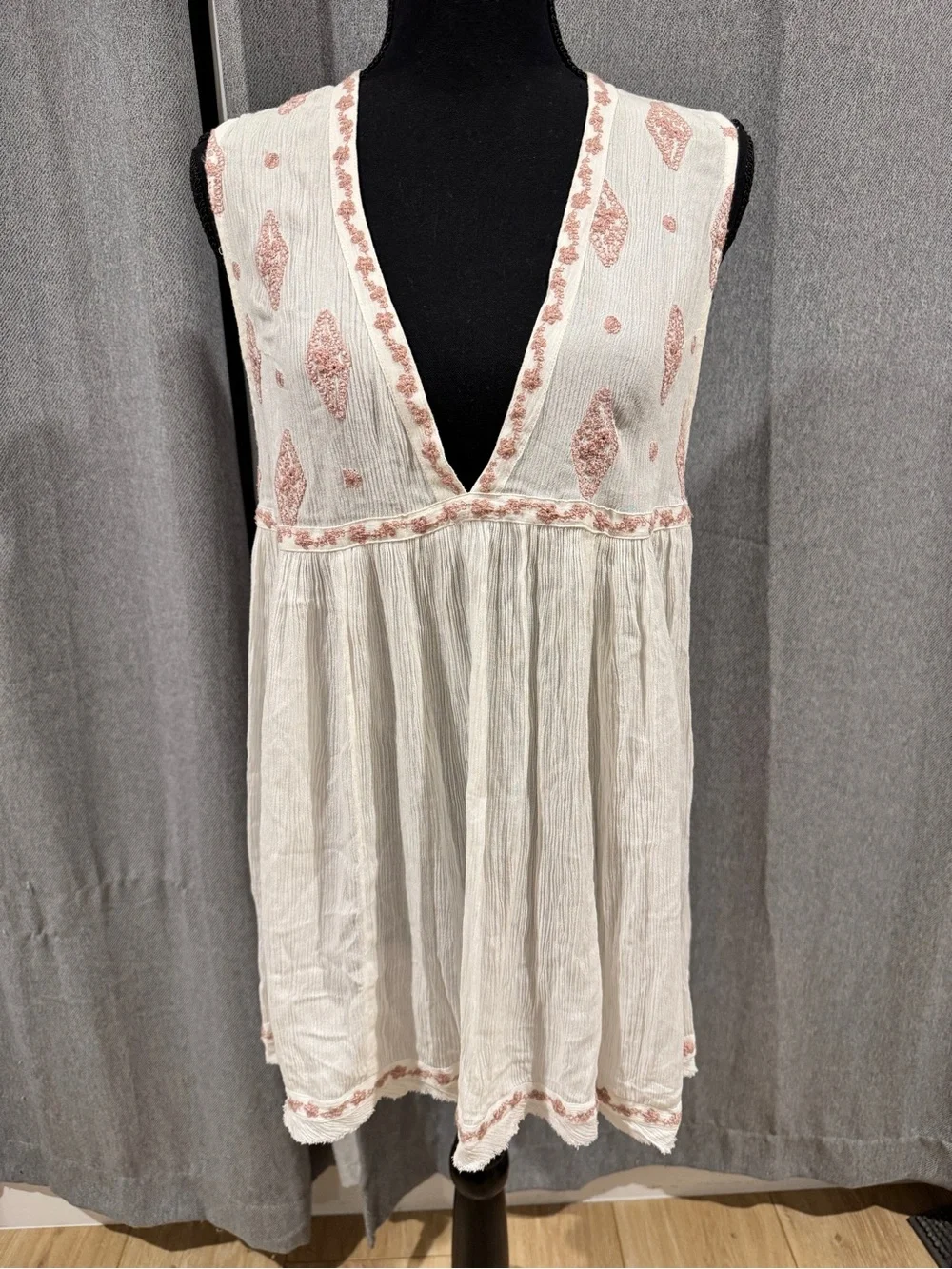 Free People Sleeveless White Gauze V-Neck Shirt with Blush Embroidery